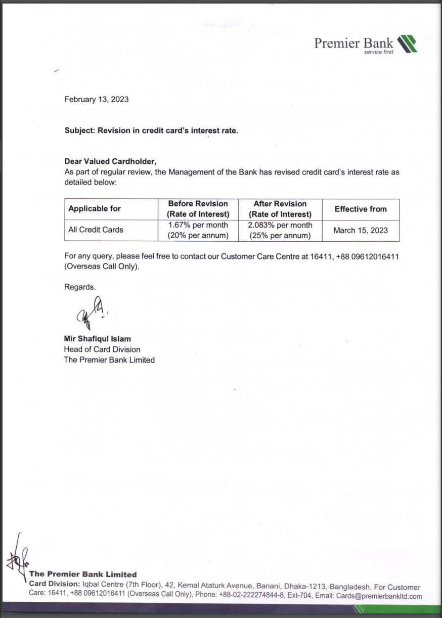 Revision in Credit Card's Interest Rate